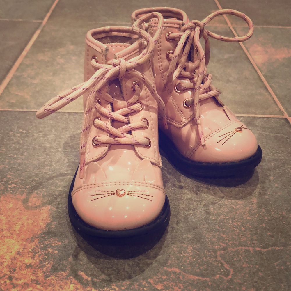 Pink patent leather cat combat boots